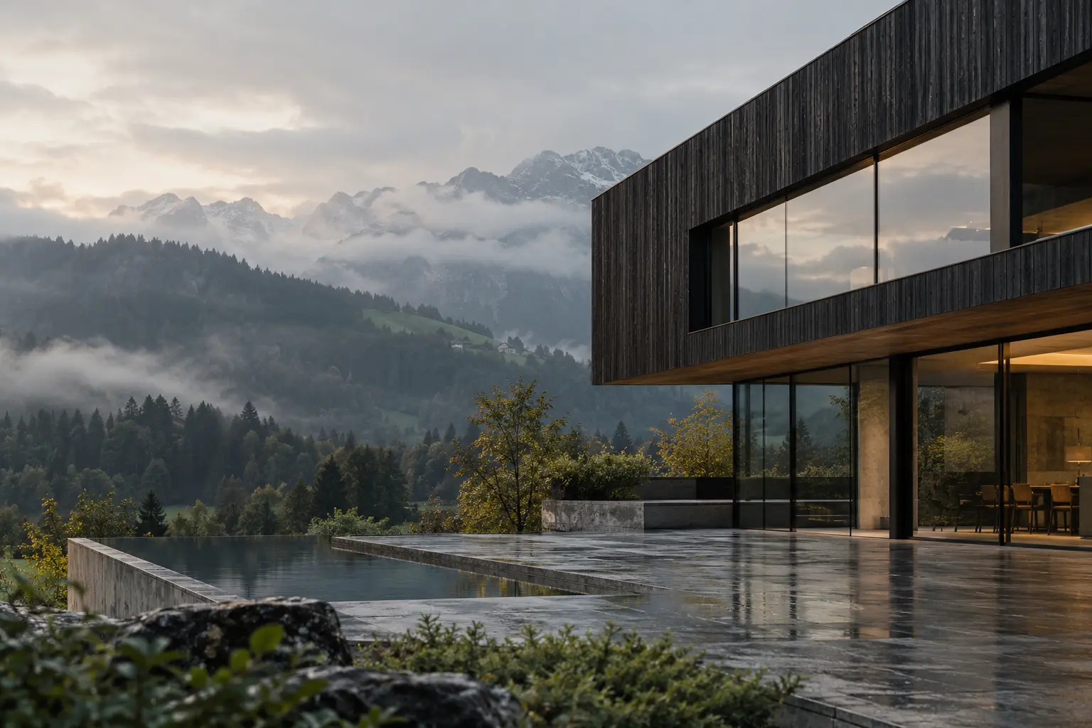 Moderne Architektur vor alpiner Landschaft