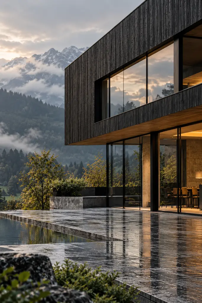Moderne Glasarchitektur mit alpiner Spiegelung